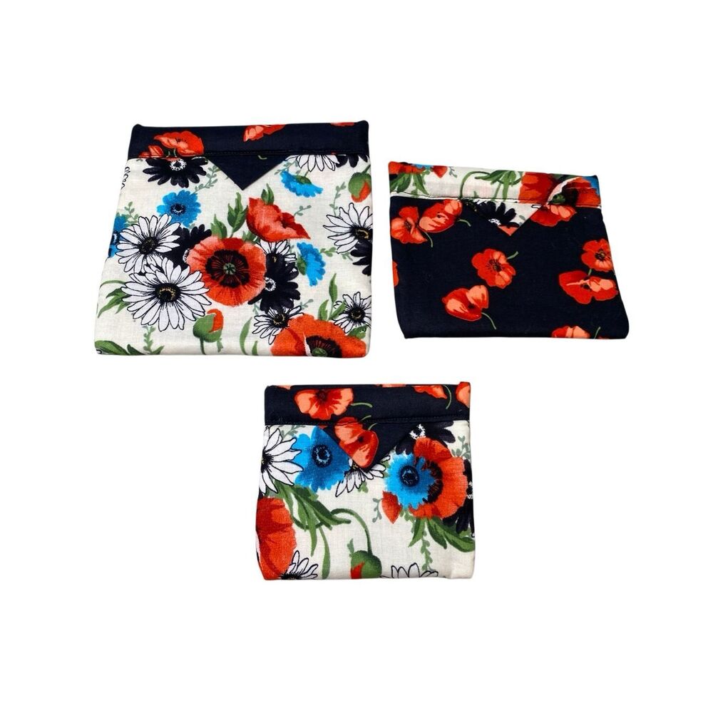 Lot of 3 Floral Reversible Fabric Snap Pouch Set Gift Card Coin Holder Organizer